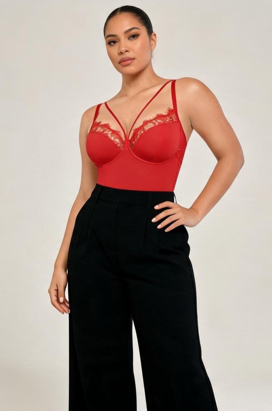SHAPELLX Lace Bodysuit Shapewear Red L Plunge Lace Trim Bodysuit